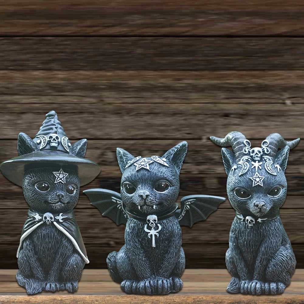 Figure Hexenmeister schwarze Katze mit Hörnern, Hut oder Feldermausflügeln - lfhm.de
