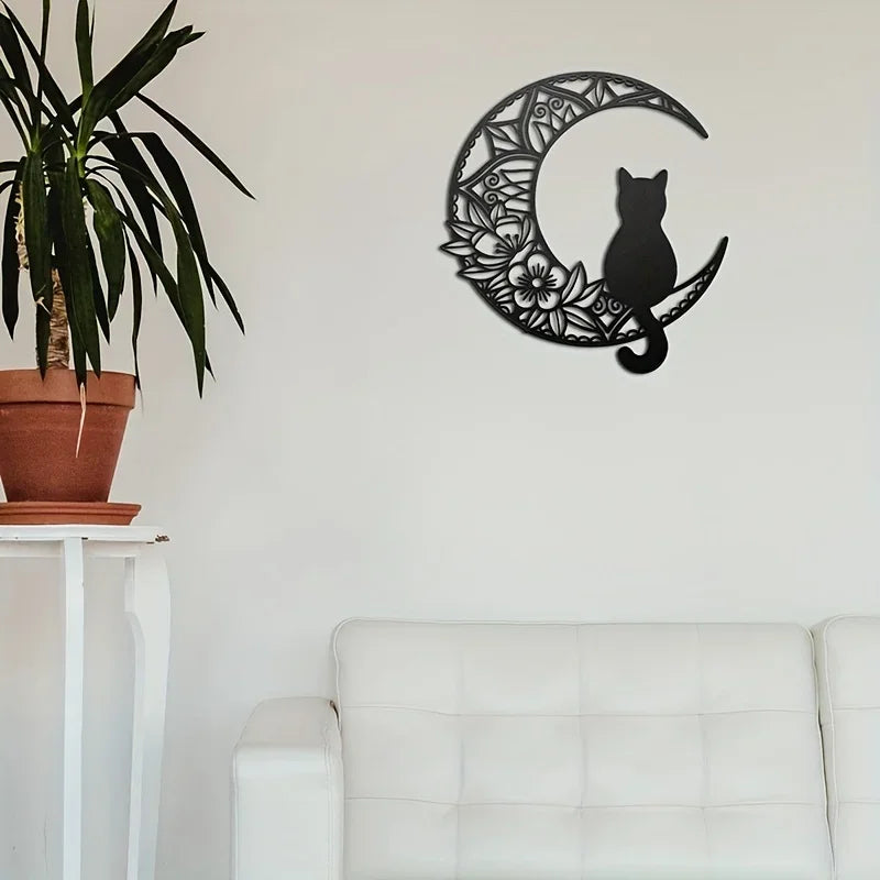 Schwarze Katze auf dem Sichelmond - Wanddekoration aus Metall - lfhm.de