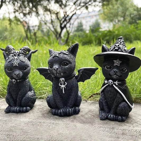 Figure Hexenmeister schwarze Katze mit Hörnern, Hut oder Feldermausflügeln - lfhm.de