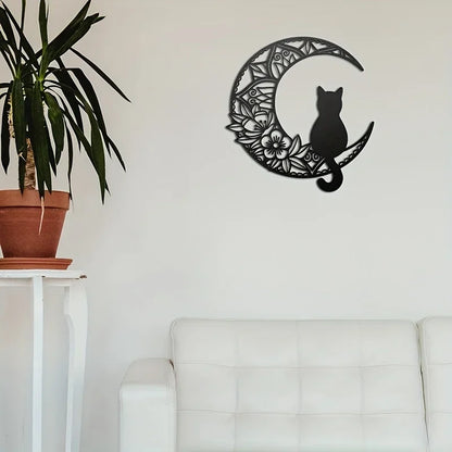 Schwarze Katze auf dem Sichelmond - Wanddekoration aus Metall - lfhm.de